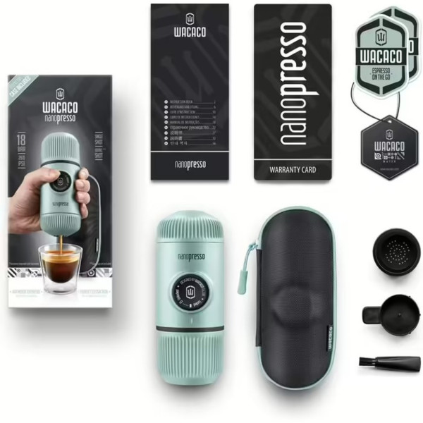 Портативна еспресо-кавоварка Wacaco Nanopresso блакитна з чохлом, механічна, для меленої кави