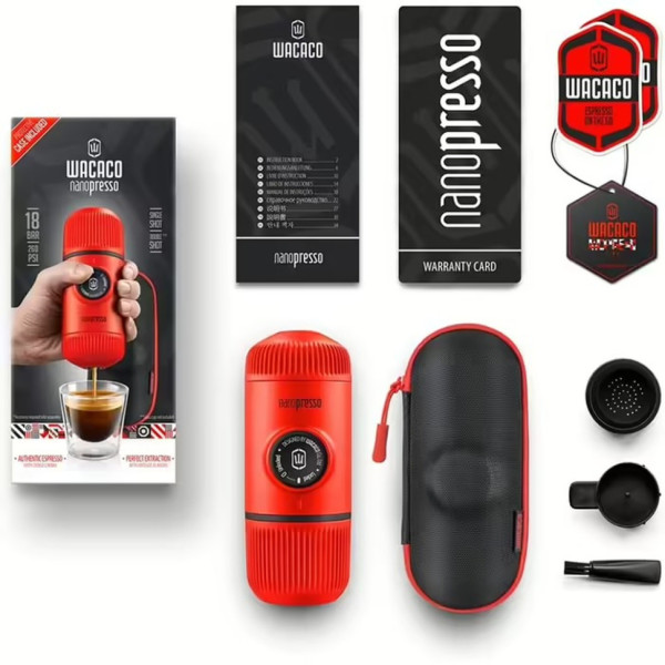 Портативна еспресо-кавоварка Wacaco Nanopresso червона з чохлом, механічна, для меленої кави